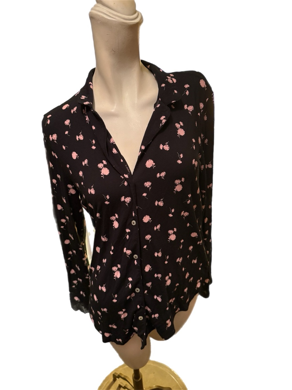 Victoria's Secret Black Pajama Top with Pink Floral Print